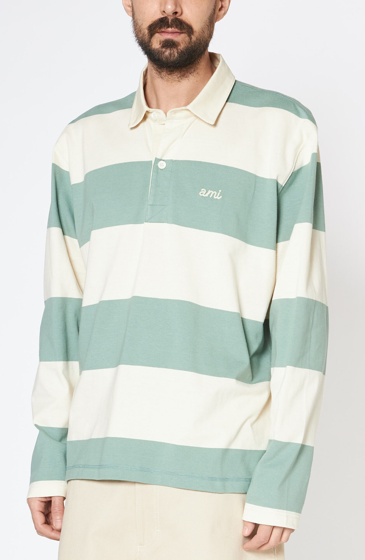 AMI Paris - Green striped long sleeve polo shirt 