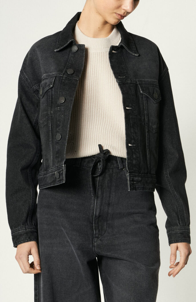 Buttoned Boxy Fit Denim Jacket in Black