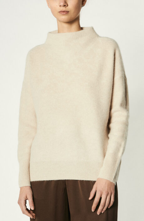 Boiled Funnel Neck Pullover in White Sand