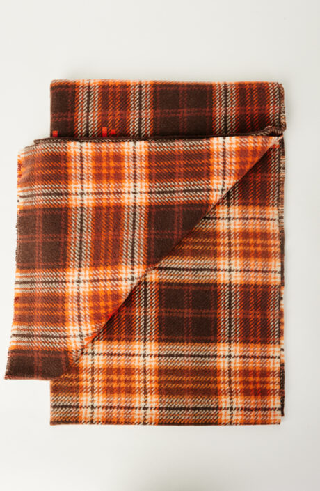 Brown and orange plaid wool scarf "110