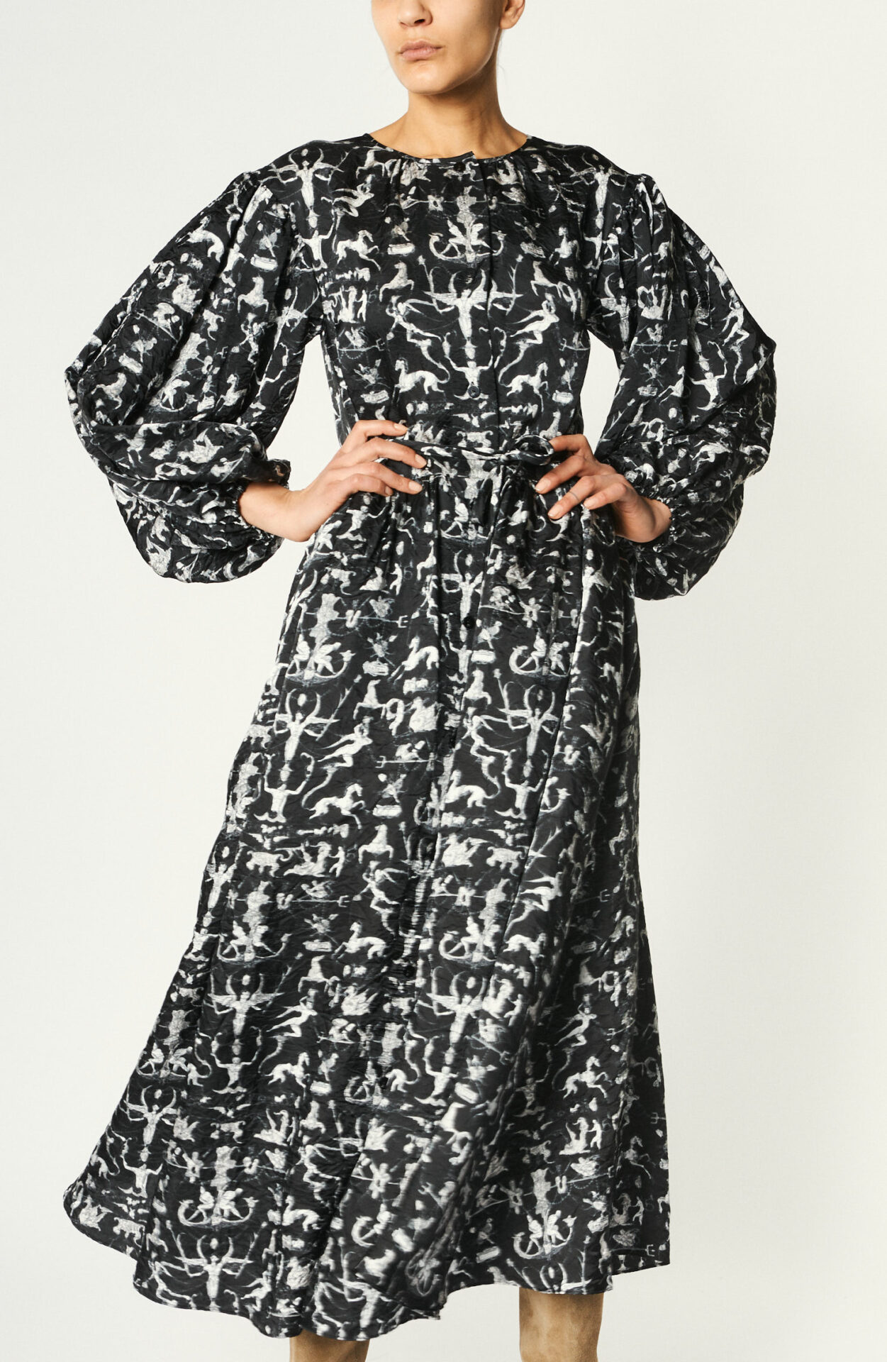 Printed Maxi Buttoned Dress in Black/White