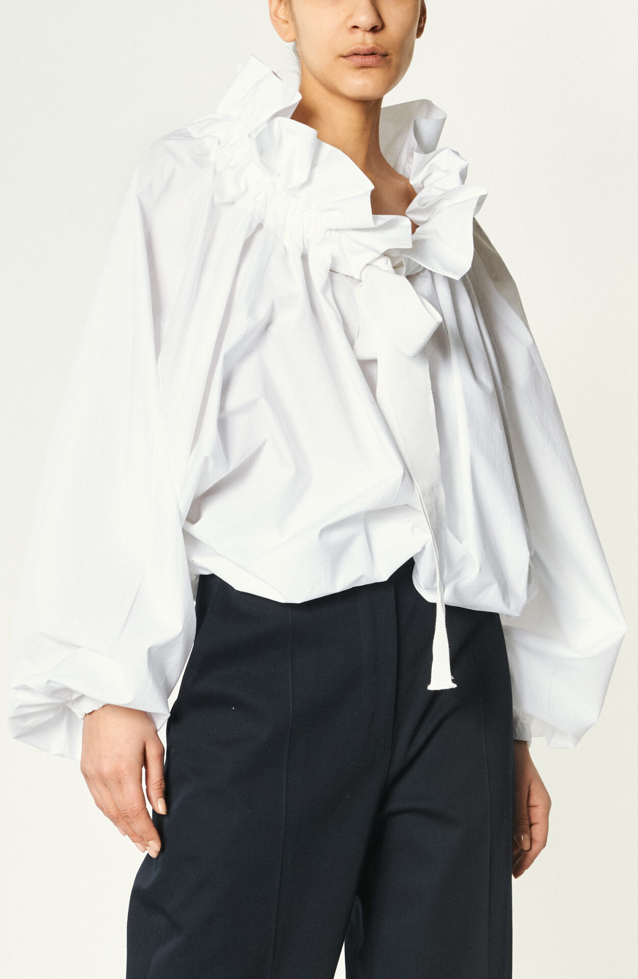 Ruched oversize blouse "Gros Grain Long Sleeve" in white
