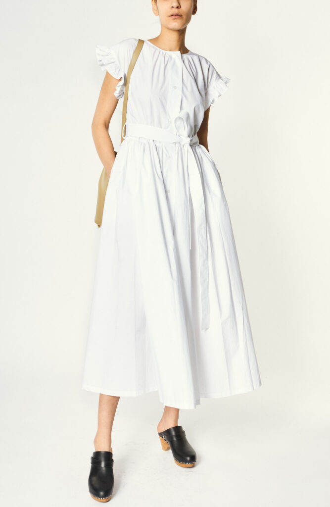 Frill Volume Buttoned Dress Waist Maxi Dress in White