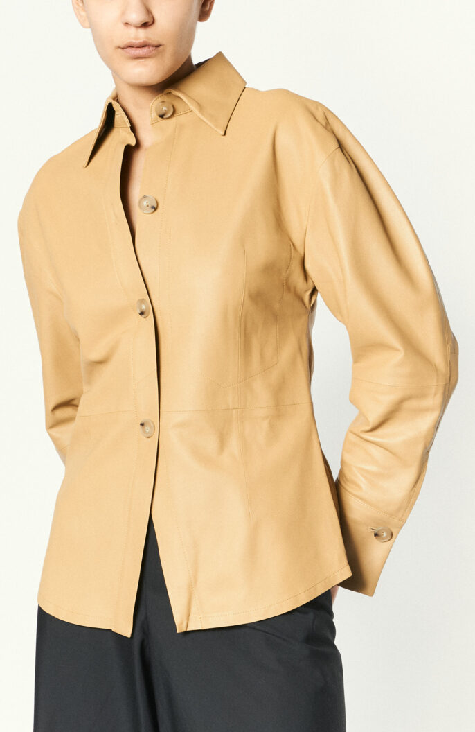 Ruched Back Leather Shirt in Mustard