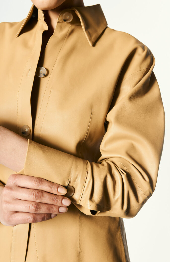 Ruched Back Leather Shirt in Mustard