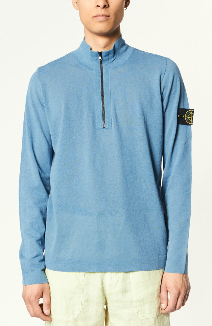Light blue cotton linen blend sweater "Half Zip 536b3