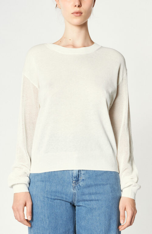 Round neck sweater with mesh details in ivory