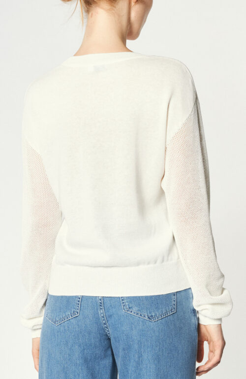 Round neck sweater with mesh details in ivory