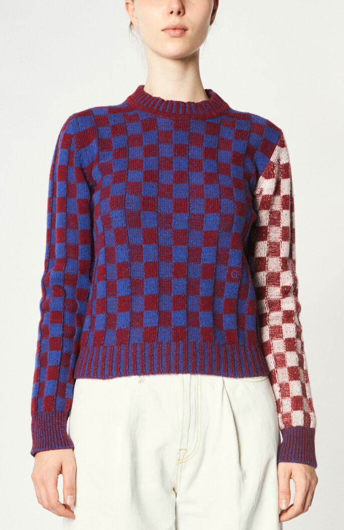 Checkerboard pattern sweater in blue / bordeaux / pink