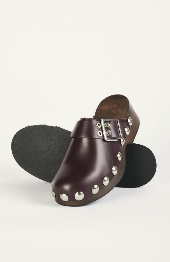 Burgundy brown leather clogs with studs