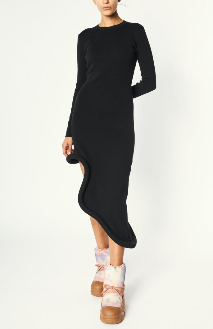 Knit Dress "Bumper Tube Long Sleeve Asymmetric Dress" in Black