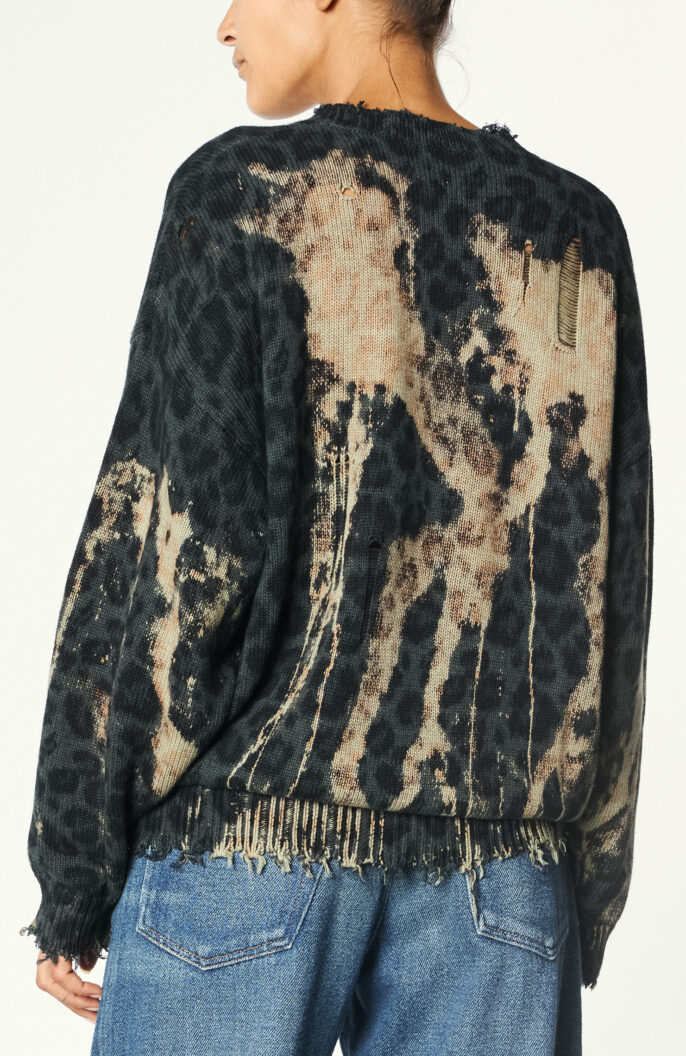 Oversize sweater with bleached effect and leo print in black/grey blue