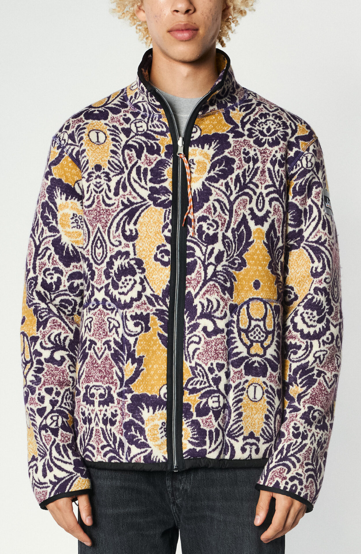 Fleur floral print zipped fleece jacket in purple/yellow