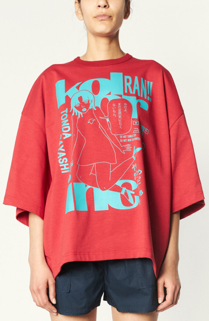 Bedrucktes Oversize-T-Shirt in Rot/Türkis